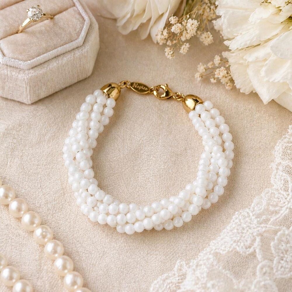 Napier White Beaded Multi Strand Bracelet Gold Tone Clasp Vintage 7” in gift box